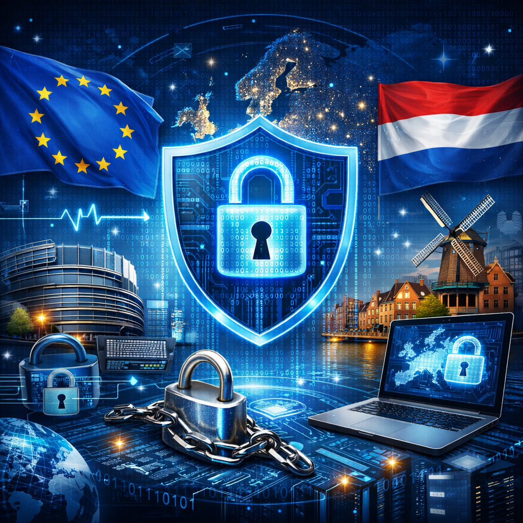 Digital shield with lock icon representing cybersecurity with EU and Dutch flags